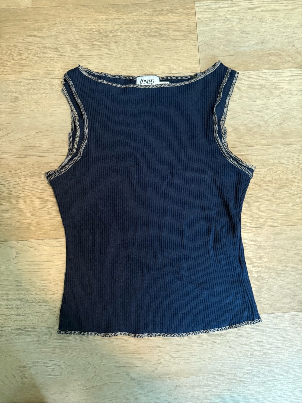 Princess Polly Navy Ribbed Tank Top with Contrast Trim - US 8
